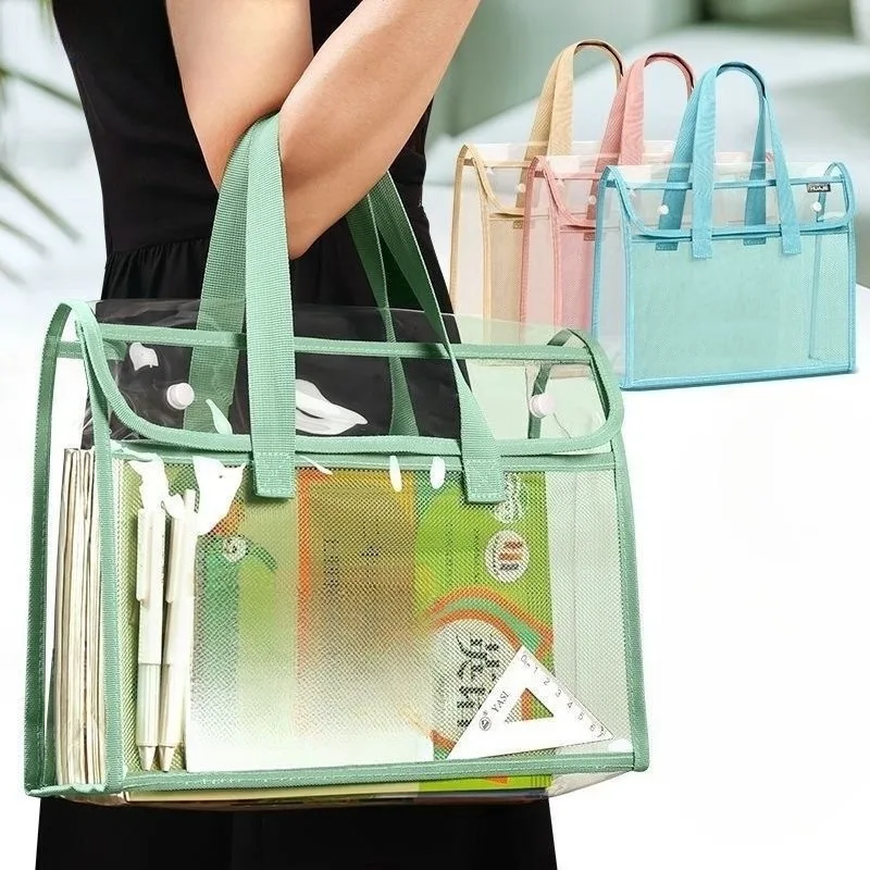 

1pc Large Capacity Portable File Bag, Transparent, Waterproof, Durable Handheld Folder, File Storage Bag, PVC Self-adhesive Bag
