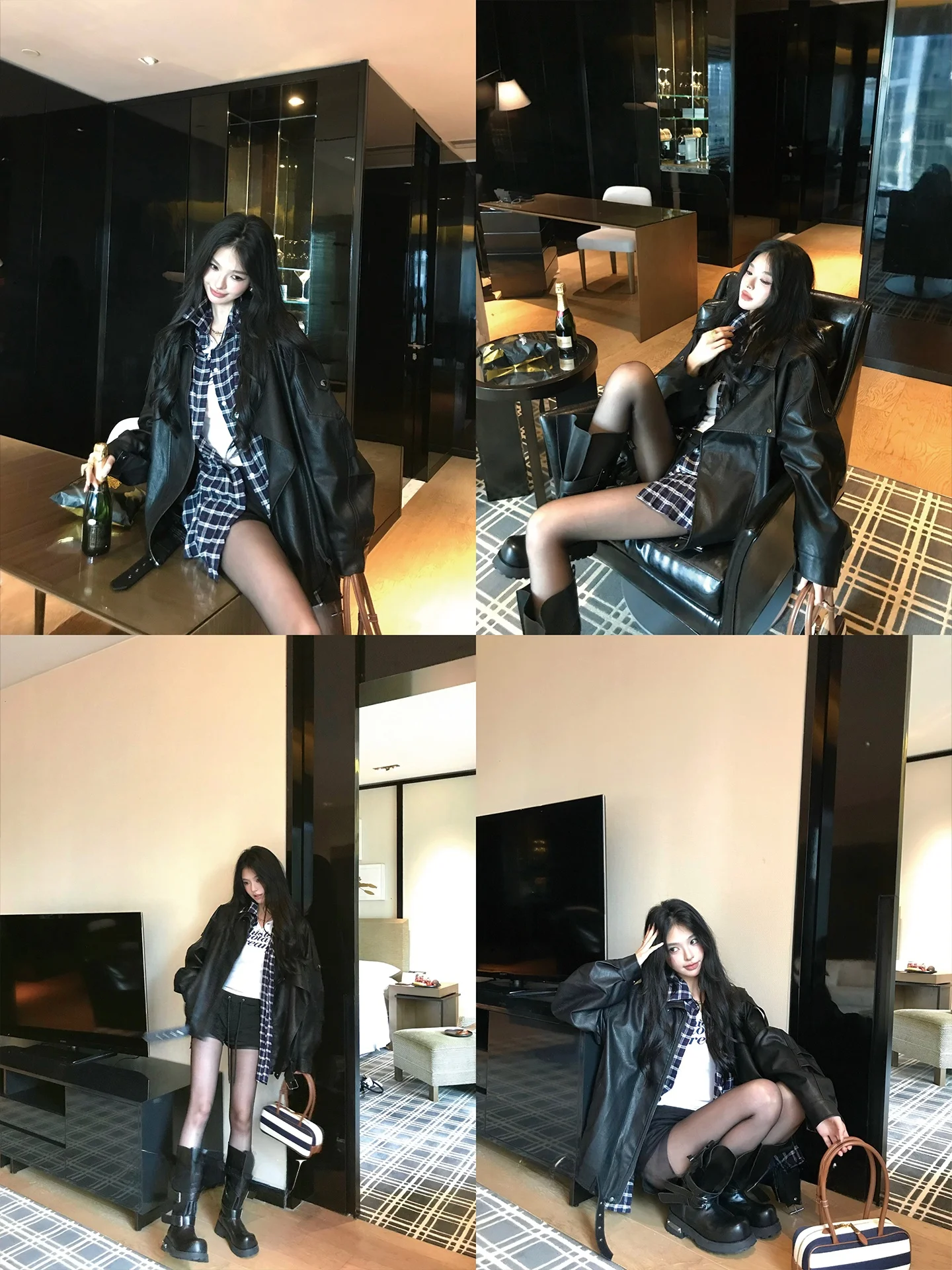 Jaqueta Feminina Moderna de Couro Preto Estilo Motociclista Vintage para Outono, Resistente ao Vento, Manga Longa, Gola Virada, Corte Regular