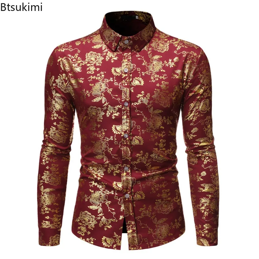 เสื้อเชิ้ตผู้ชายพิมพ์ลาย 3 มิติสุดหรู แขนยาว ปกเชิ้ต กระดุมแถวเดียว สไตล์ลำลอง วินเทจ สตรีทแวร์ สำหรับงานปาร์ตี้และงานแสดงบนเวที