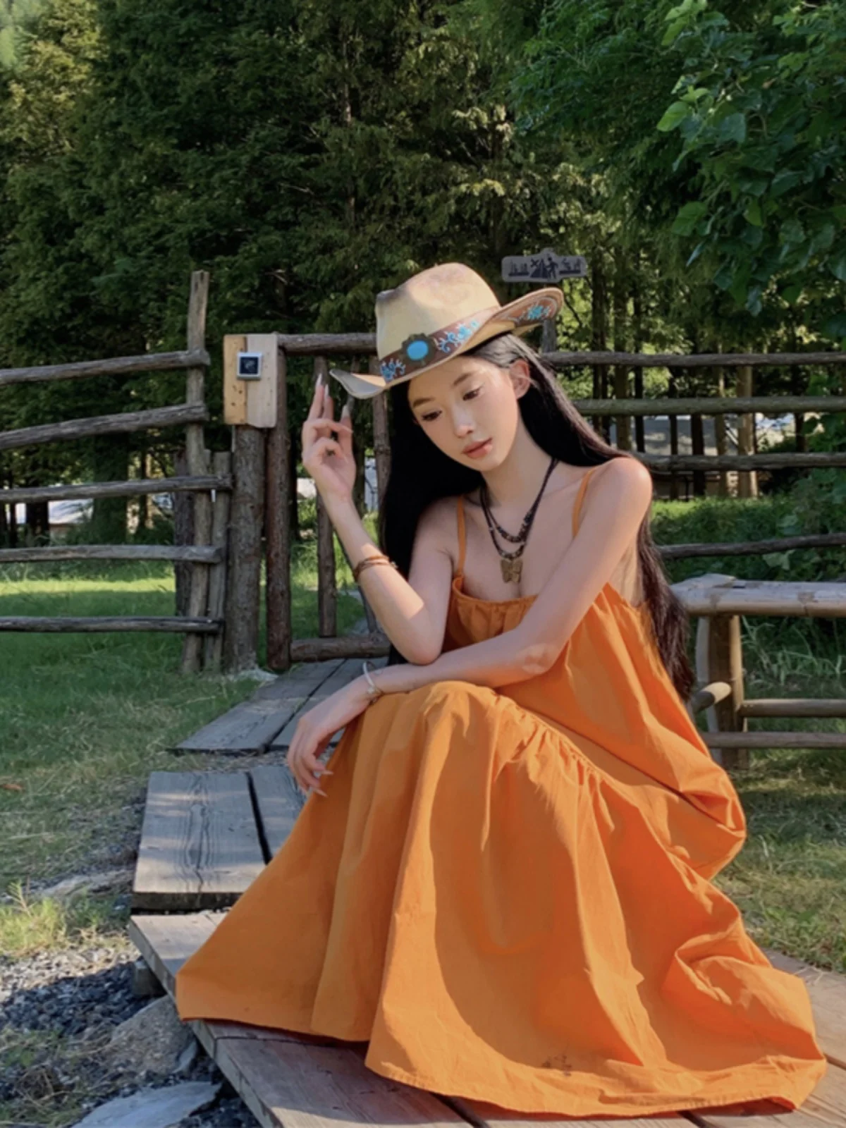 Alça de algodão laranja Dr Vaion solta preguiçosa Sle praia férias saia longa cintura solta fibra de poliéster verão sem Sve rou...