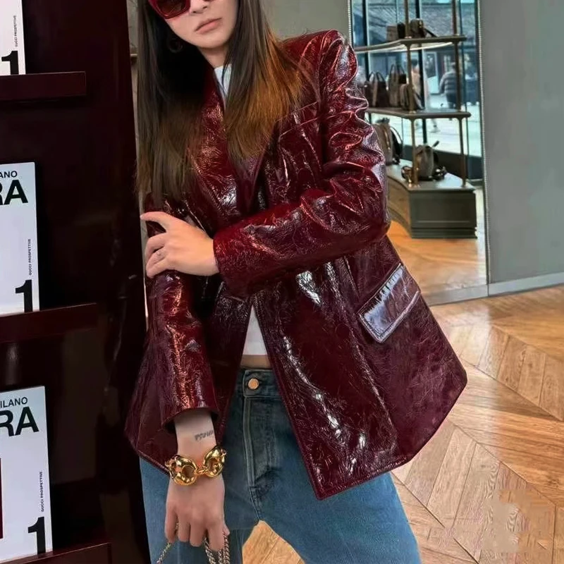 Eleganckie damskie marynarki ze skóry naturalnej w kolorze wina, skóra olejowana, dwurzędowe, importowane płaszcze damskie ze skóry owczej klasy A.