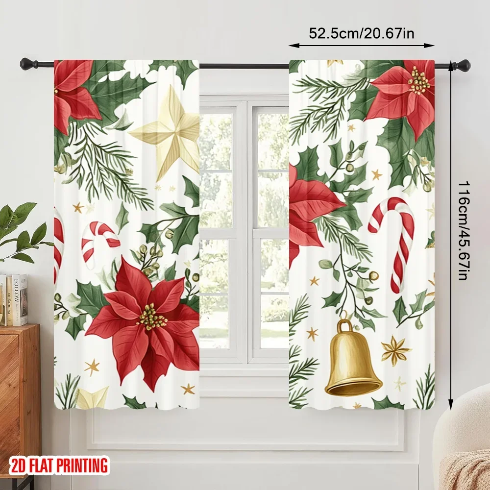 2pcs,2D plane printing Creative Curtains Christmas Bells Poinsettia Holly Polyester Easy Install (without rod) Holiday Use for