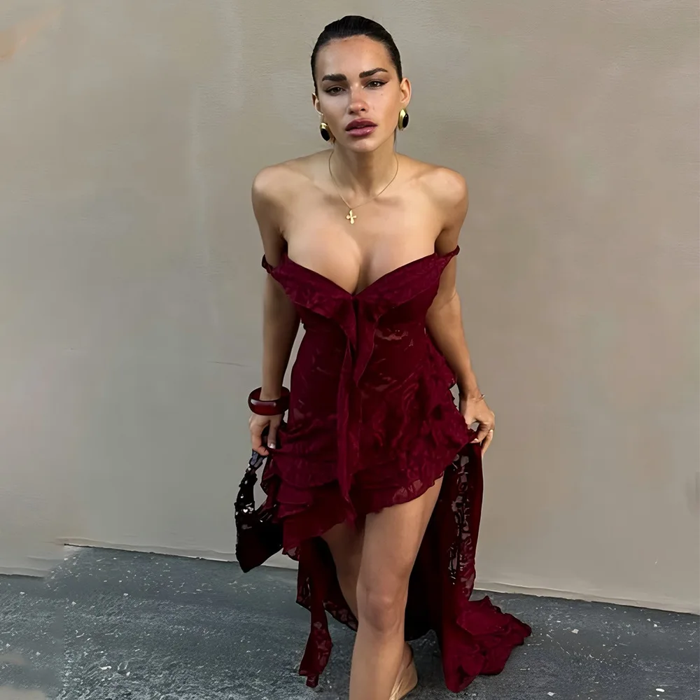 

2025 Summer New Spicy Hot Girl Style Lace Sheer Irregular Dress Backless Strapless Gown with Asymmetrical Hem Party Dress