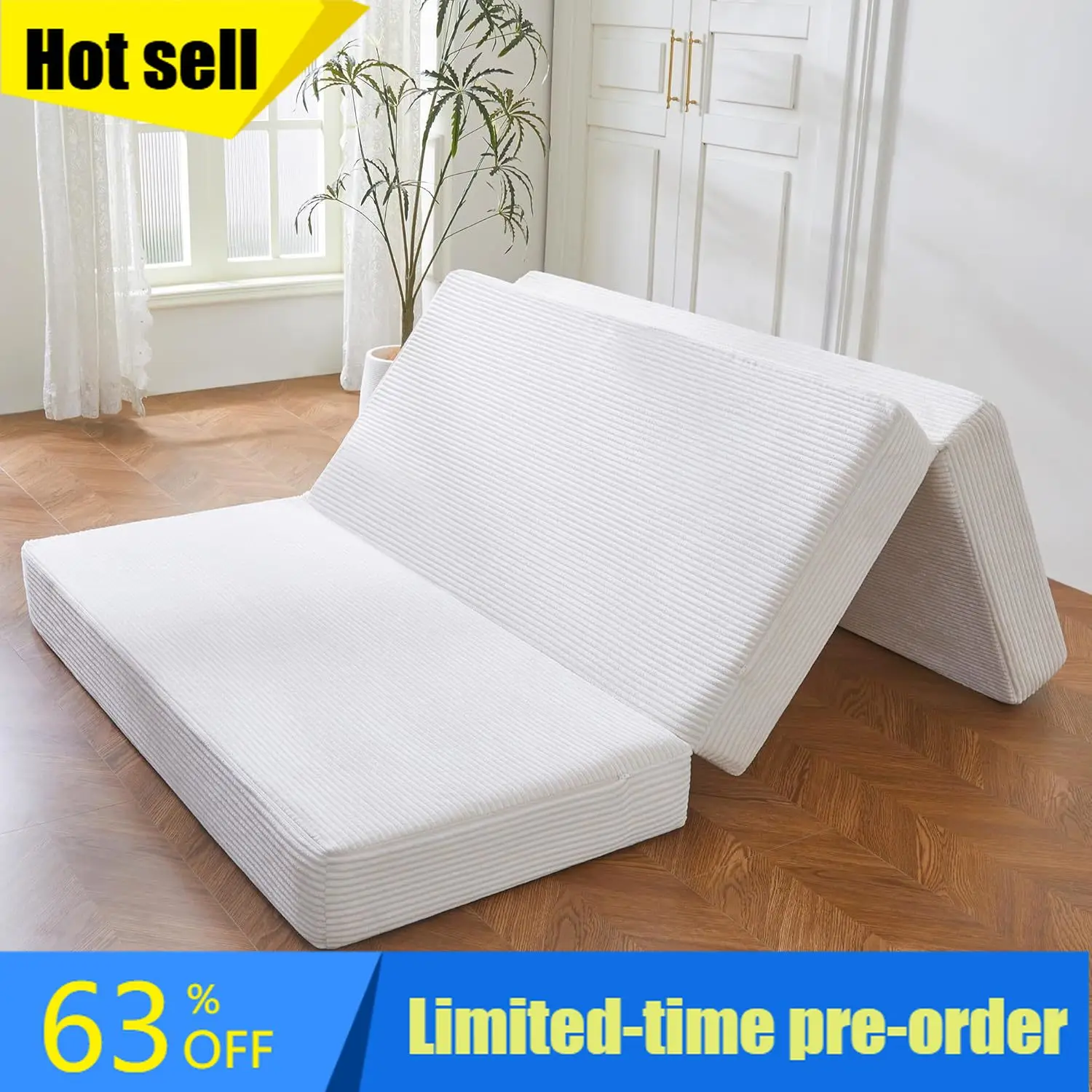 

Hot salesTri-Folding Corduroy Mattress, 6 Inches Gel Folding Mattress Topper, Foldable Soft Guest Bed Camping Pad, Washable Cove