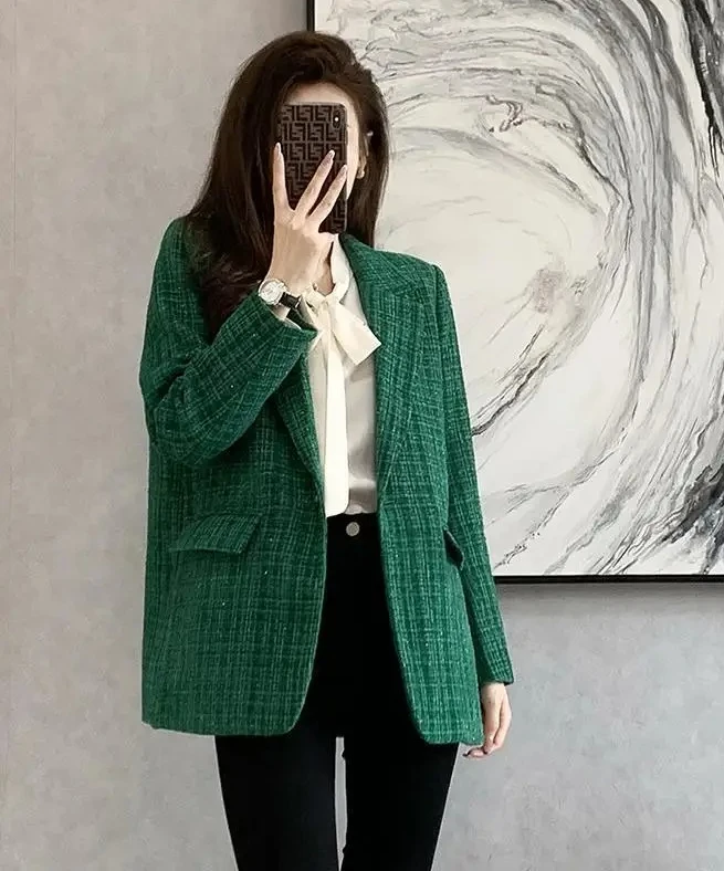 

Petite Women's Casual Versatile Spring New Elegant Little Style Green Plaid Suit