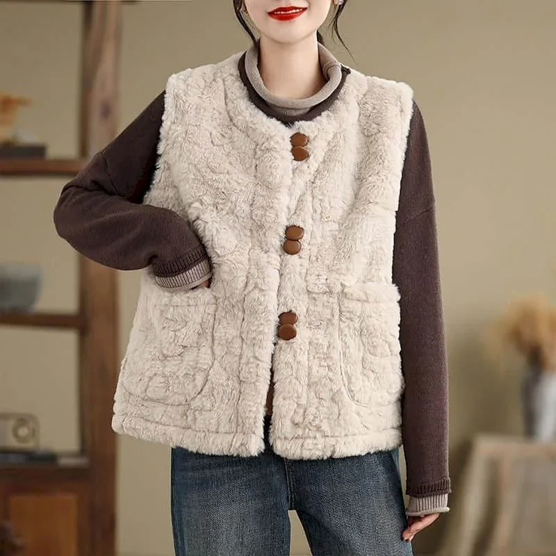 

Fleece Waistcoats for Women Vests O-neck Vintage Casual Sleeveless Cardigans Single Breasted Lambhair Jackets Loose Women Tops