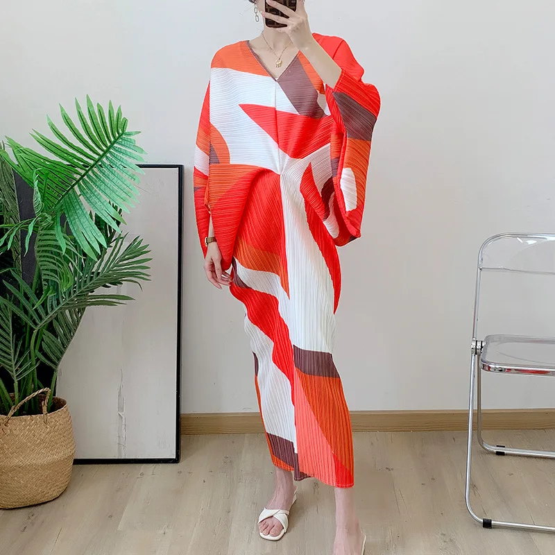 

2023 Summer New style Fashion color blocking batswing sleeve dress vintage V-neck ankle length long Trumpet dresses for women