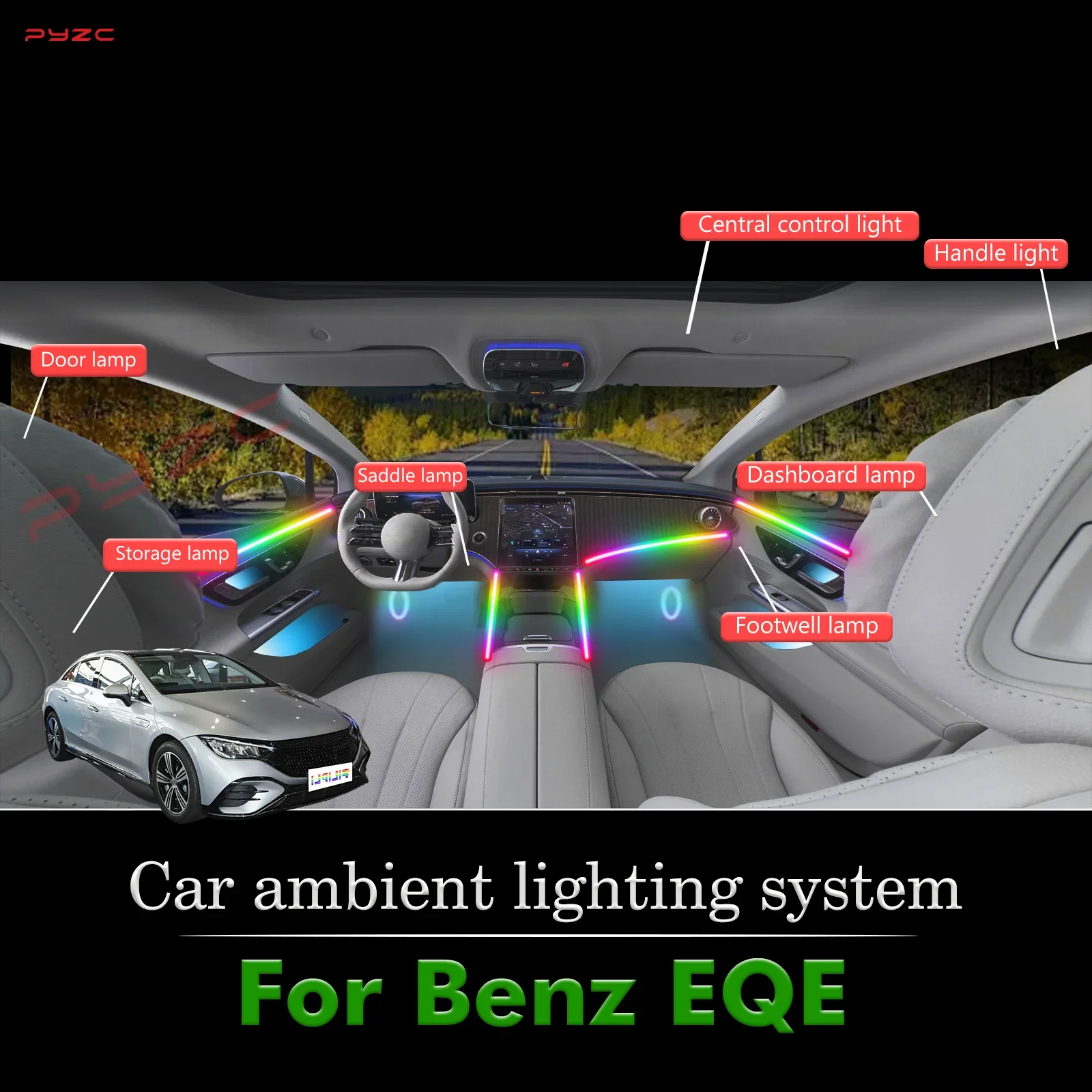 

Для BenZ EQE салон автомобиля декоративный окружающий свет RGB 64-цветный светодиодный умный пульт дистанционного управления энергосберегающий набор