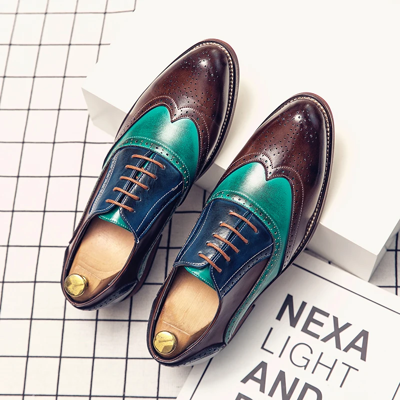 Men's Brogue Shoes Trend Color Blocking Design Luxury Brand Men's Leather Casual Shoes High-end New Dress Shoes Big Size：38-48