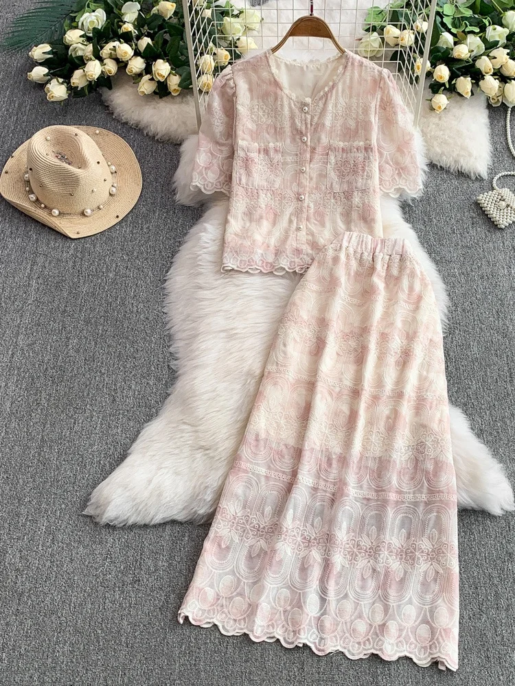 

Ele Embroidered ort Sve T-irt And High Waist Skirt Set Women's Faion Summer Outfit round Ne Button up Top