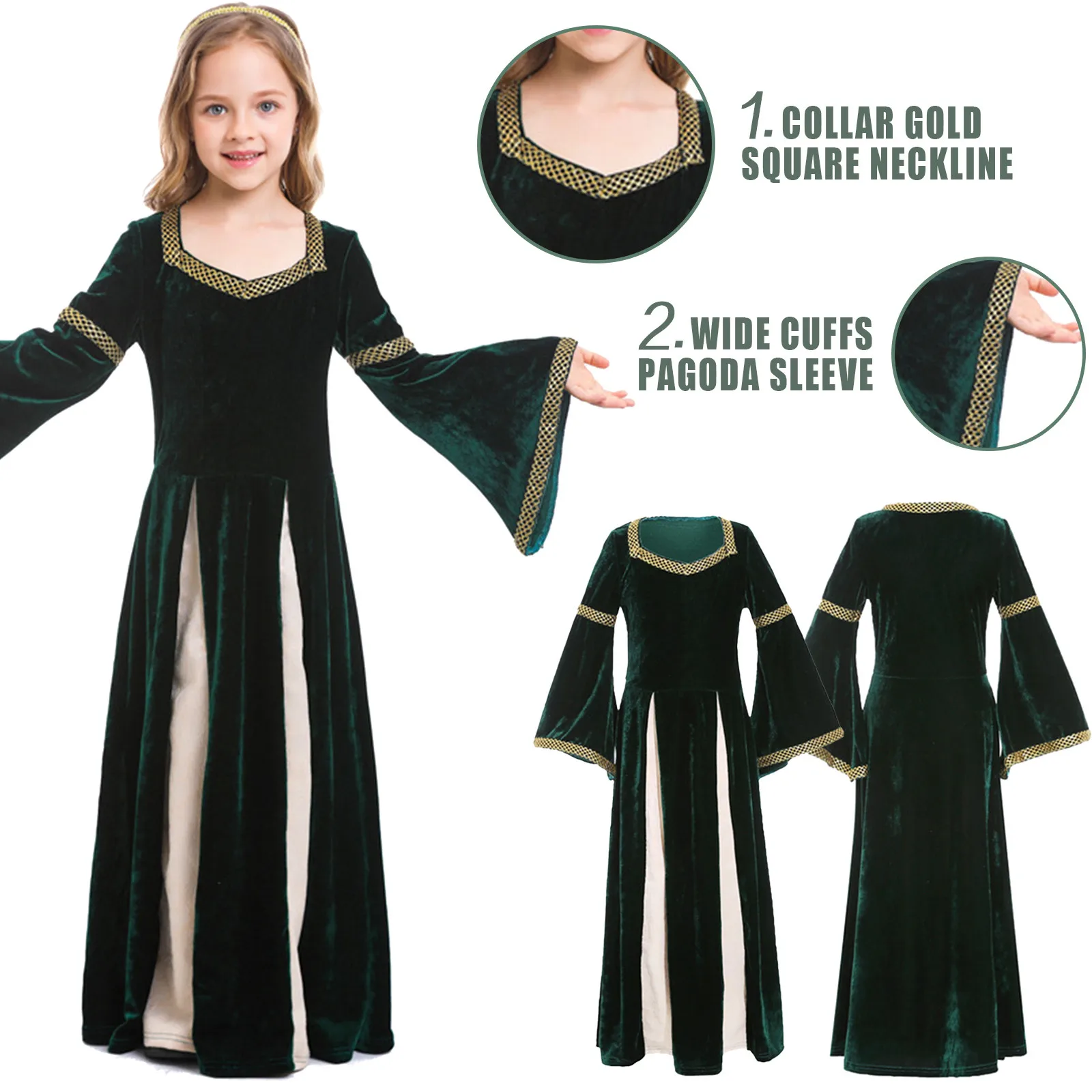 

Medieval Princess Cosplay Kids Girls Fantasia Dark Green Retro Gown Halloween Renaissance Costume Disguise Party trumpet Clothes