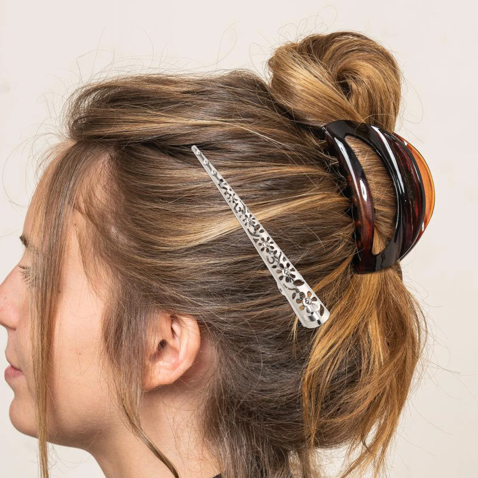 

4pcs Hollow Hair Clip Silver 110Mm Floral Design Women Hairpin Headband Accessory Without Hollow Hair Clip Teeth