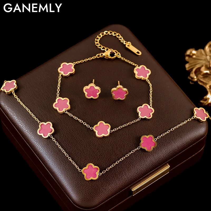 

GANEMLY Stainless Steel Pink Plant Flower Necklace Earrings Bracelet With Five Leaf Petals Women's Luxury Gifts Clover Jewelry