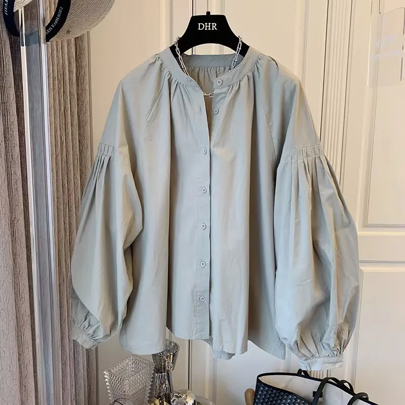 Oversized Puff Sleeve Shirt Women Casual Loose Button Up Blouse Solid Color Long Sleeve Tops