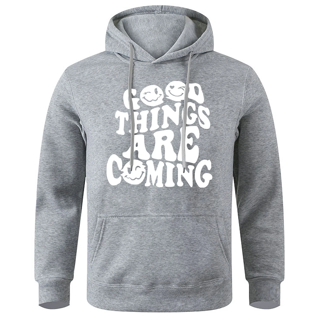 Good Things Are Coming Happy Face Printing Mens Hooded Casual Fashion Pulloversloose Oversized Hoodie Classic Retro Warm Hoody