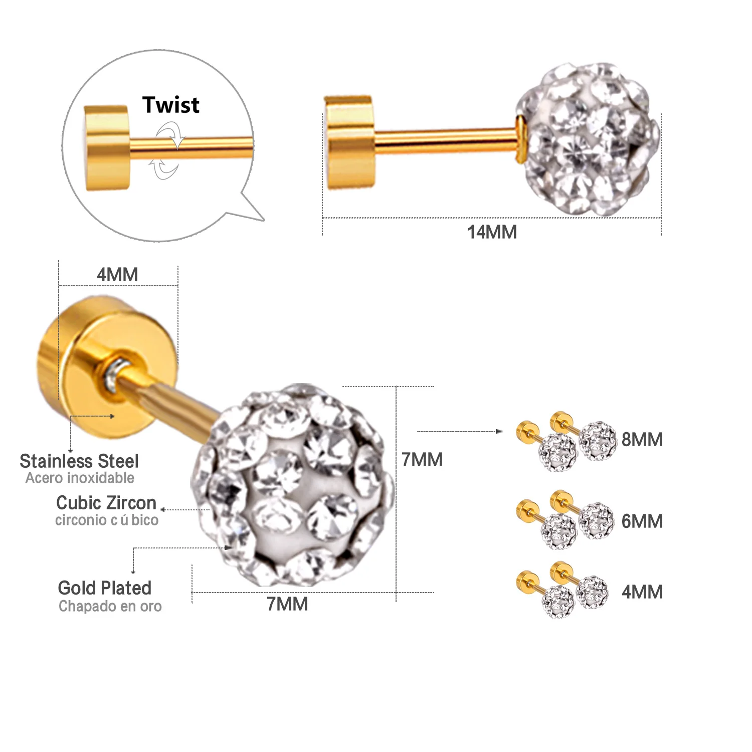 12 Pairs Colored Zircon Anti-allergy 316L Stainless Steel Women Earrings Jewelry Ball Shape Crystal Earrings Prom Accessorie