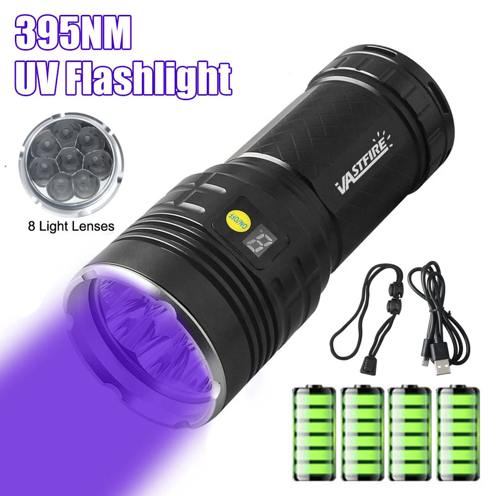 UV Flashlight 395nm Powerful Ultraviolet Torch USB Rechargeable Blacklight Torch Money Ore Scorpion Fluorescent Detector