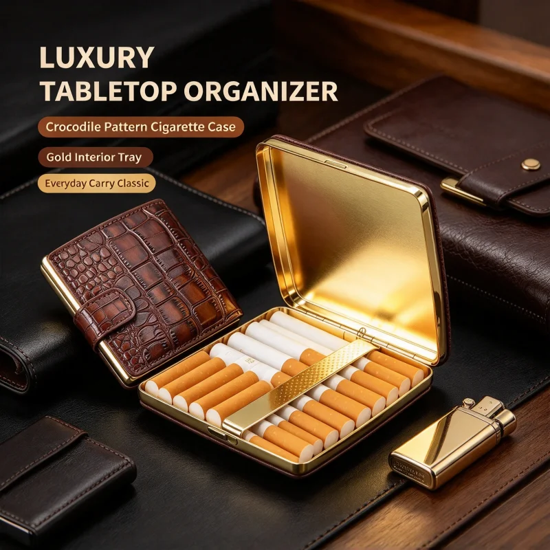 PU Leather 10 Count Cigarette Holder Crocodile Texture Portable Damp Proof Storage Box For Male Smokers Stylish Unique Smoking