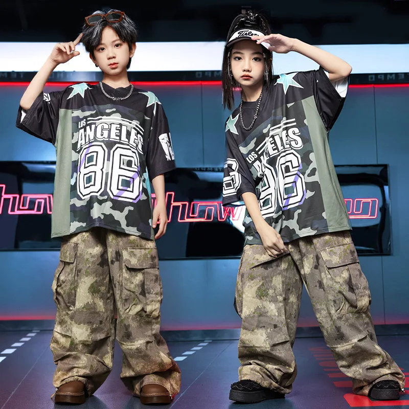 

Kid Hip Hop Clothing Letter Print T Shirt Top Camouflage Casual Ruched Cargo Baggy Pants for Girl Boy Jazz Dance Costume Clothes