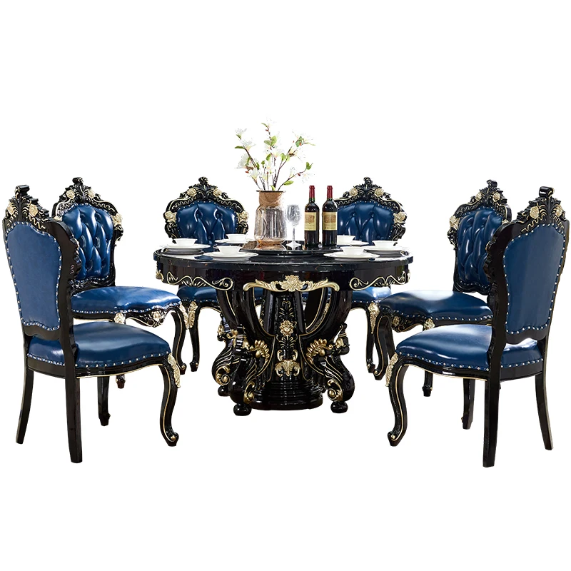 European round dining table combination luxury ebony light luxury full solid wood carving flower marble dining table and chairs