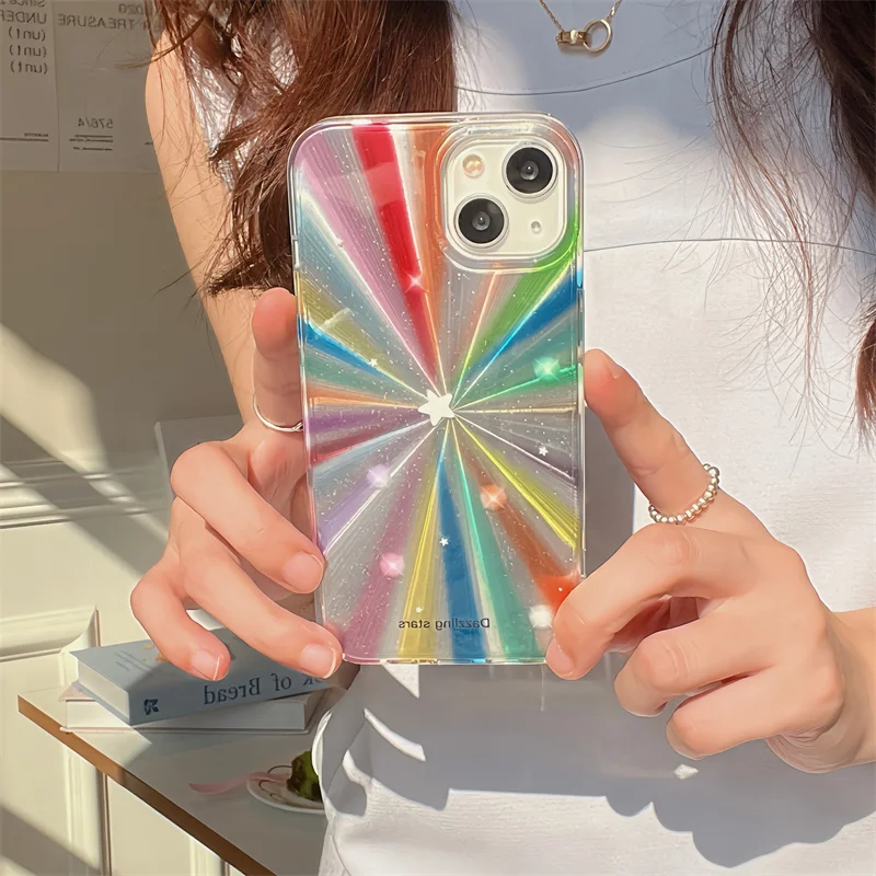 Luxury Laser Rainbow Phone Case For iPhone 15 Pro 11 12 13 14 Pro 14pro Max Cover Shockproof Cute Protective Cases For Girls