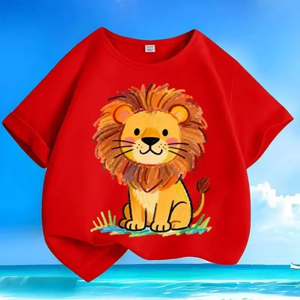 Boys Girls Fashion White Short Sleeve T Shirt Cute Hand Drawn Cartoon Lion Grass Background Print Summer Versatile Comfort Tee