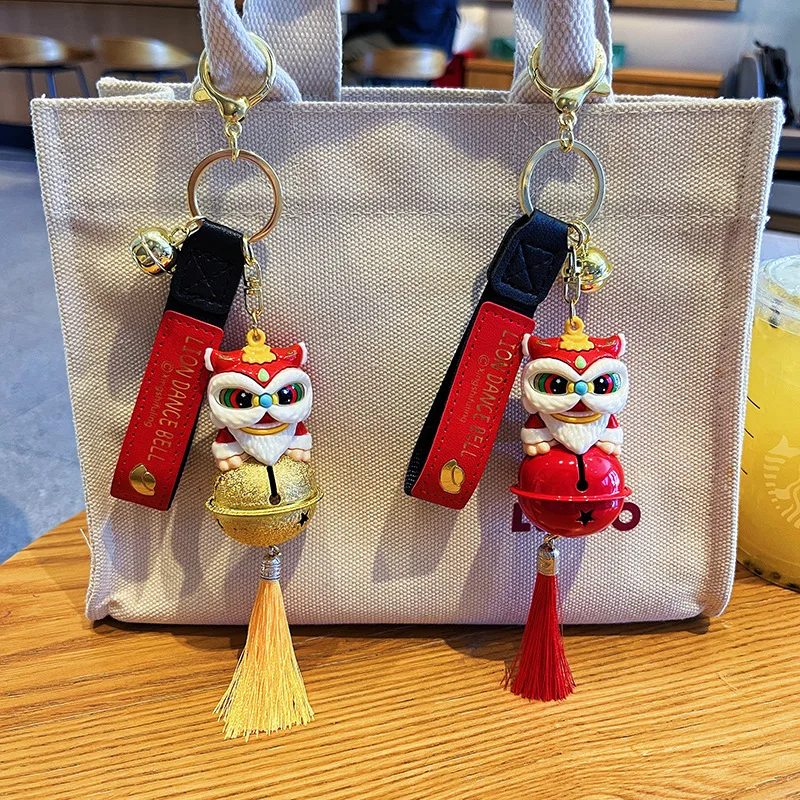 Chinese Style Lion Dance Keychain Cartoon National Waking Up Lion Blessing Bell Pendant Keyring New Year Gifts Car Bag Key Chain