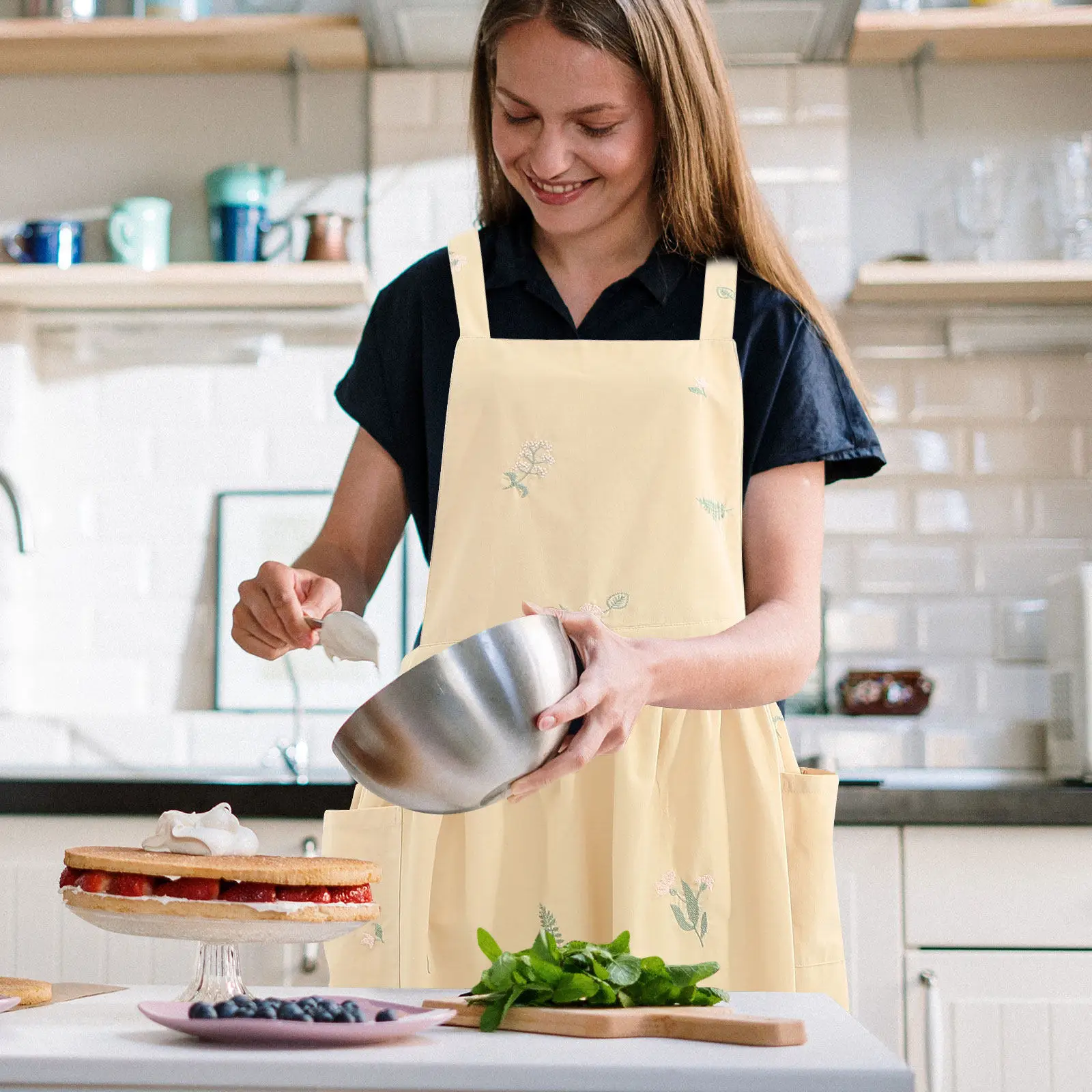 

Вышитый фартук для женщин: Премиум-фартук для кухни с карманами, многофункциональный для выпечки, готовки, садоводства, работы, дома и ресторана