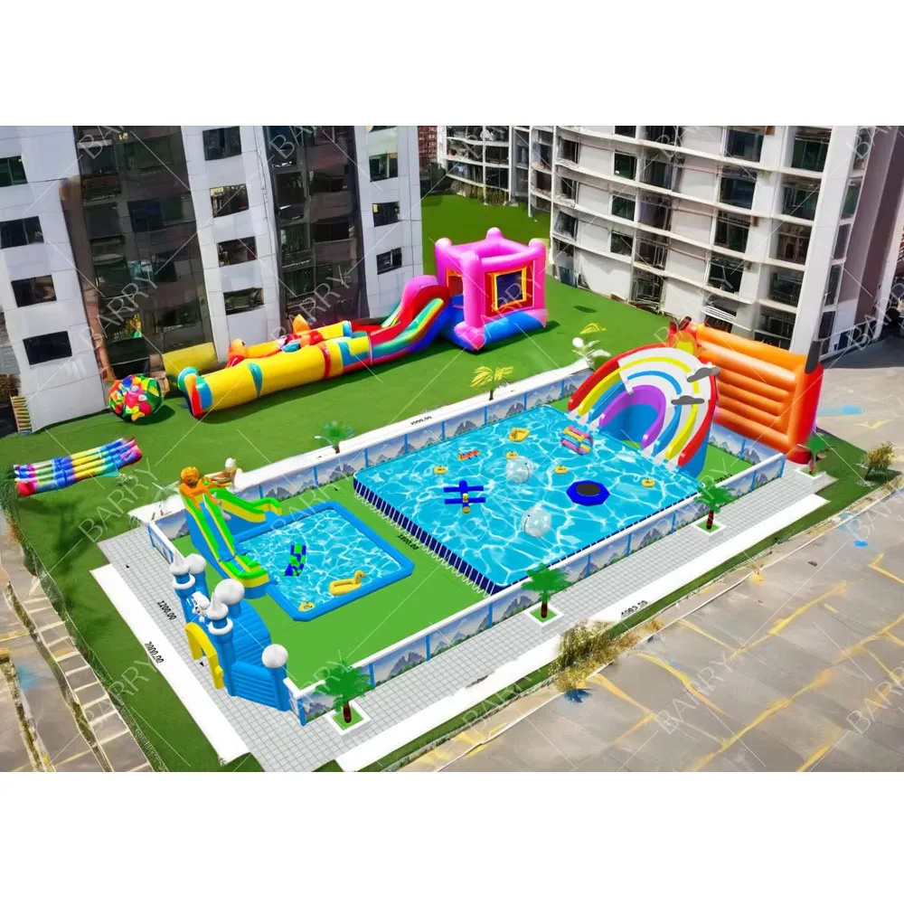 Outdoor Amusement Park Mobile Durable Metal Frame Pvc Swimming Pool For Water Toys Water Slide Inflatable Ground Water Park