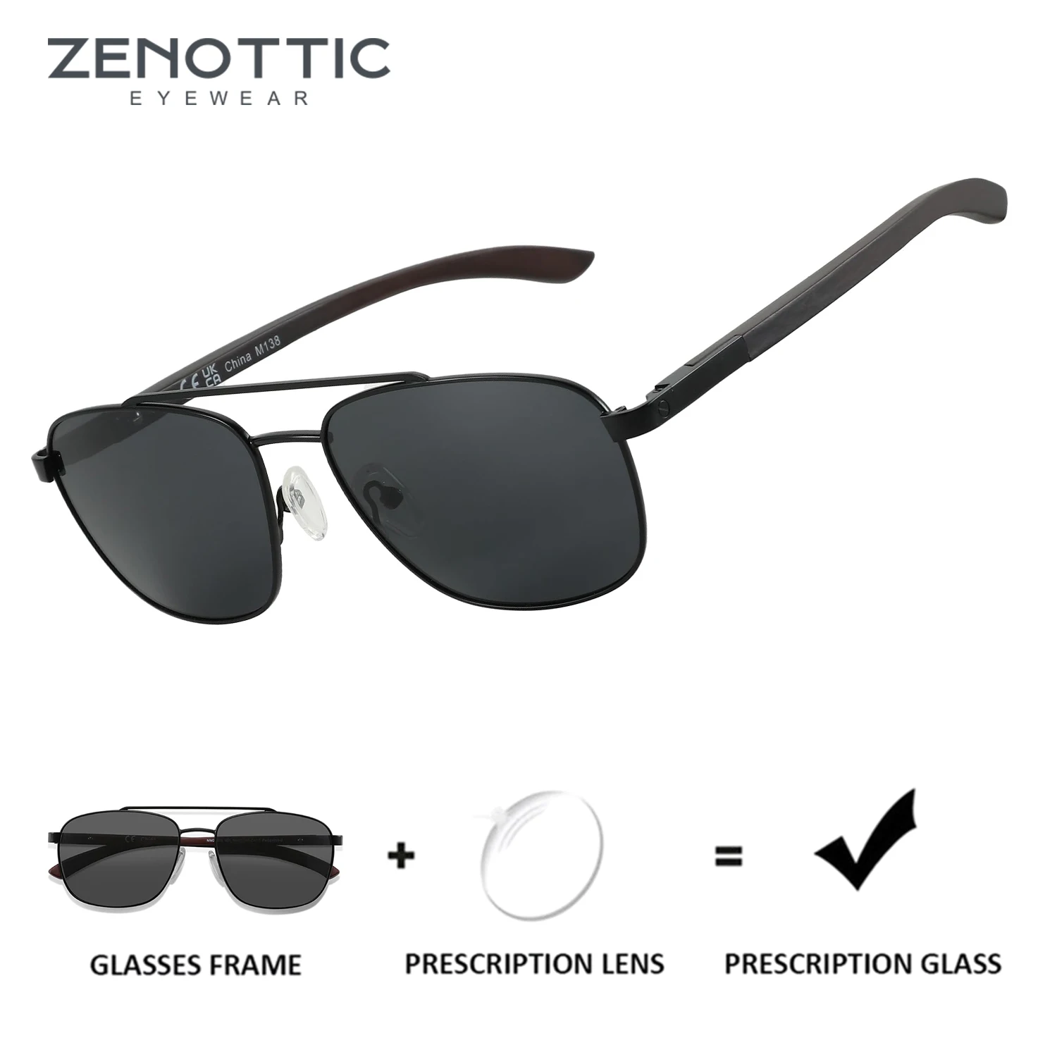 ZENOTTIC Men Retro Polarized Prescription Eyewear For Women Aviator Style Wood Grain Leg for Driving and Outdoor Activities