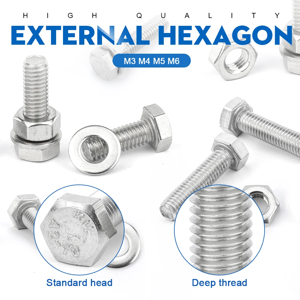 NINDEJIN External Hex Hexagon Head Screws with Full Thread M4 M5 M6 M8 M10 M12 M14 304 Stainless Steel Hexagon Head Bolt DIN933