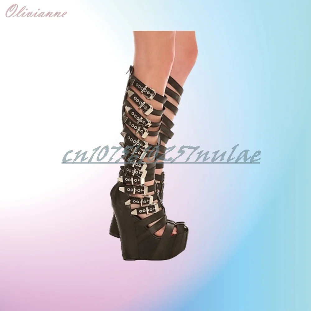 

Many Black Buckle Rivet Belts Decor Hollow Mid Calf Boots Wedges High Heel Matte Party Sexy 2025 Summer Women Shoes Para Mujere