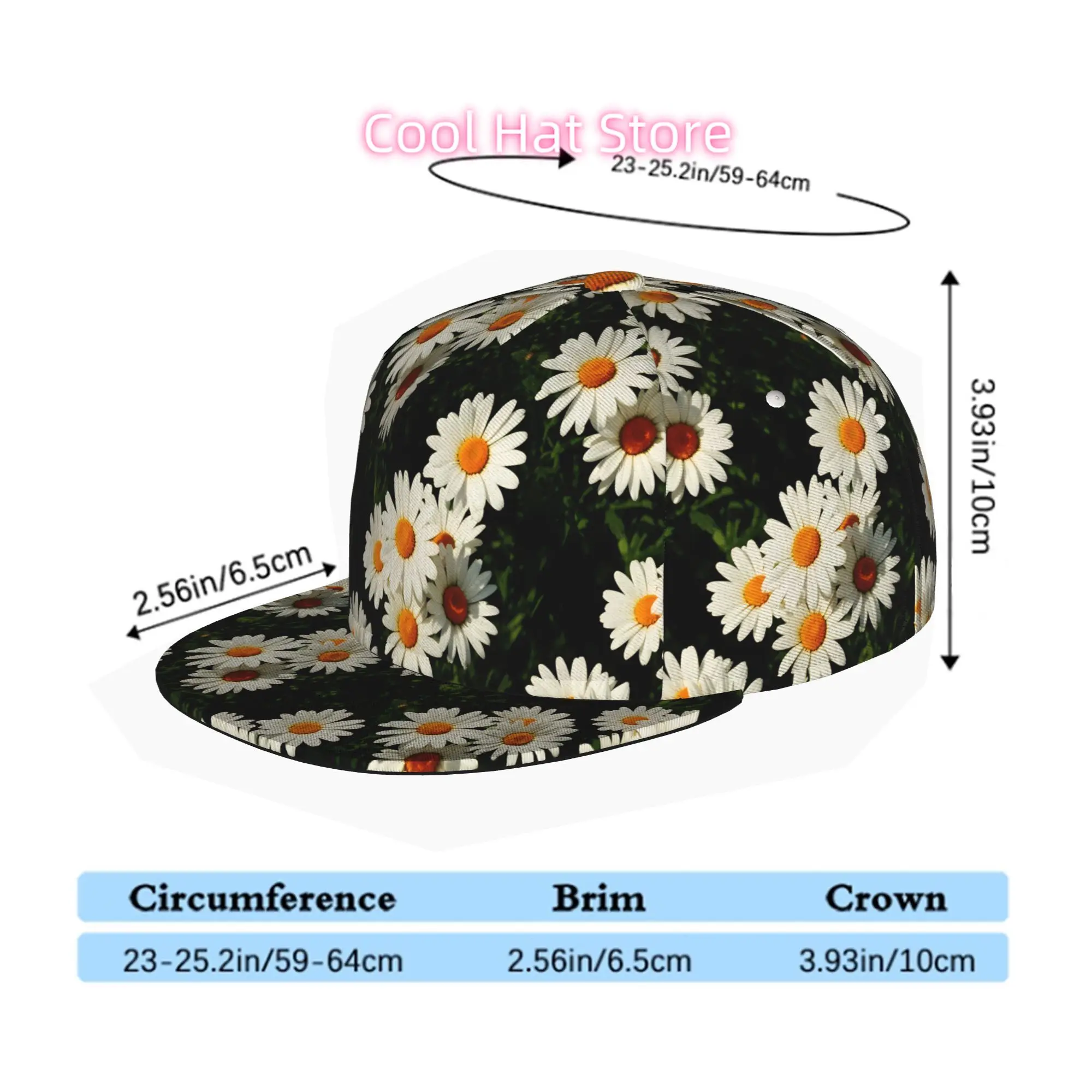 Flat Brim Baseball Cap Featuring Daisies, Suitable for Men, Women, And Unisex. This Hip Hop Streetwear Snapback Trucker Hat Is P