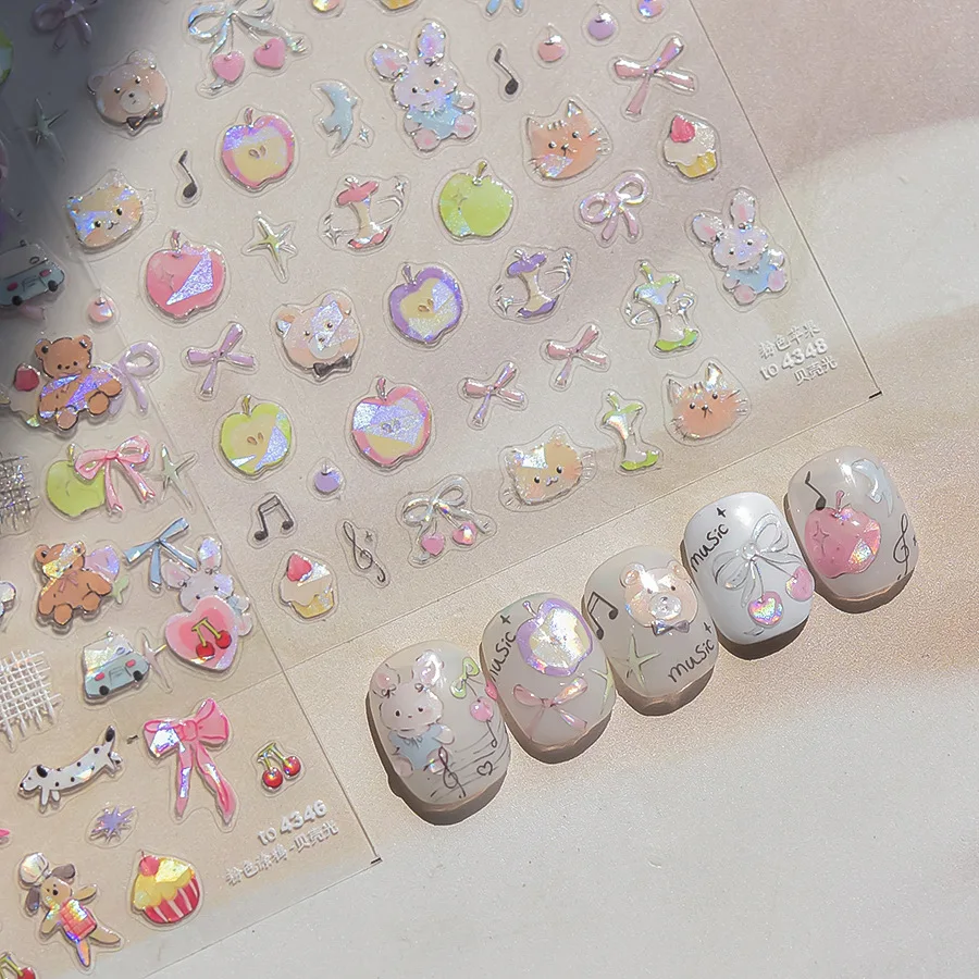 Shell Light Apple Bowknot & Animals Dog Bear Cherry Nail Stickers 5D Nail Art Decal Design Manicure Tool