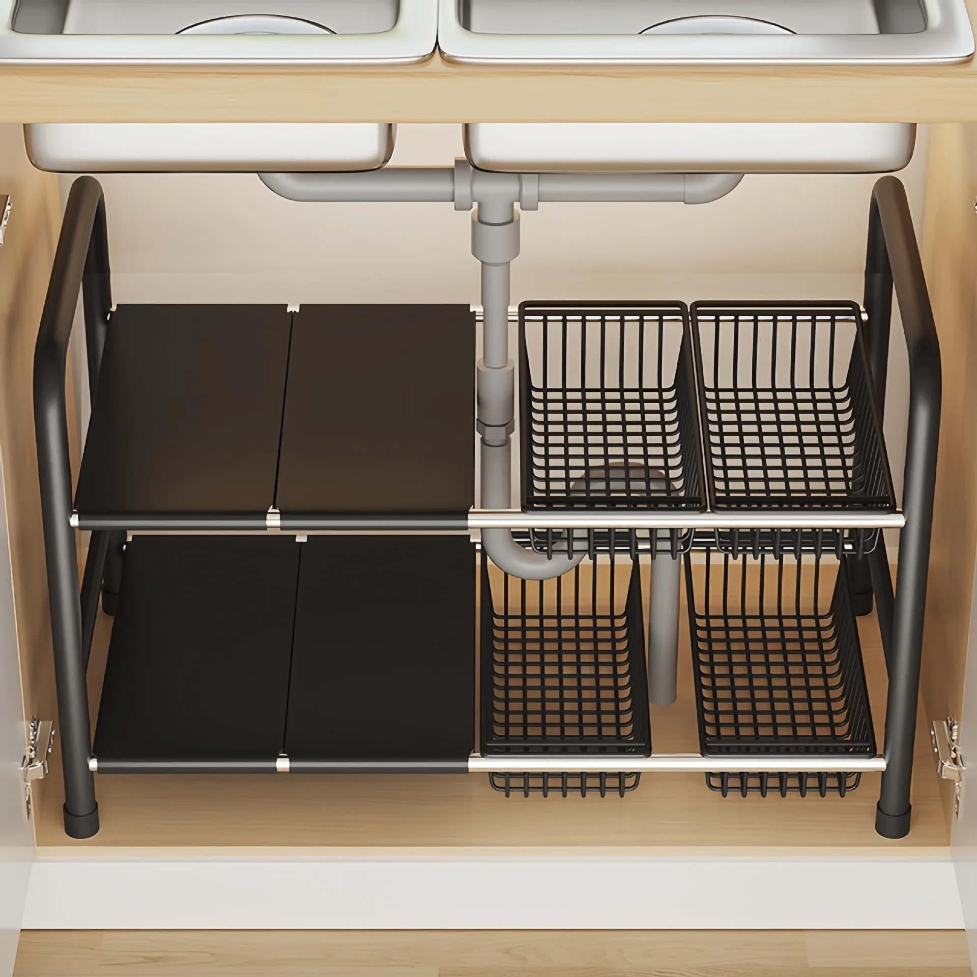 Under Sink Cabinet Organizer Carbon Steel Multi Tier Space Saving Shelf Kitchen Cupboard Pantry Cookware Dishes Seasoning