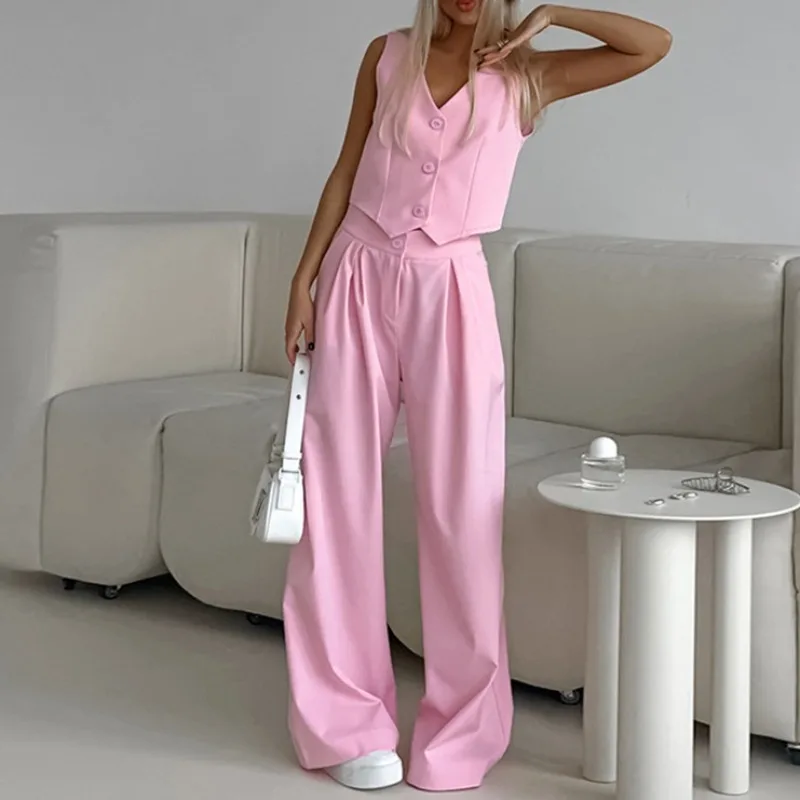 

Women's Commuting Pink Sleeveless Vest Wide Legged Pants Set 2024 Summer New Female Elegant Two Piece Sets Women Fashion Outfits