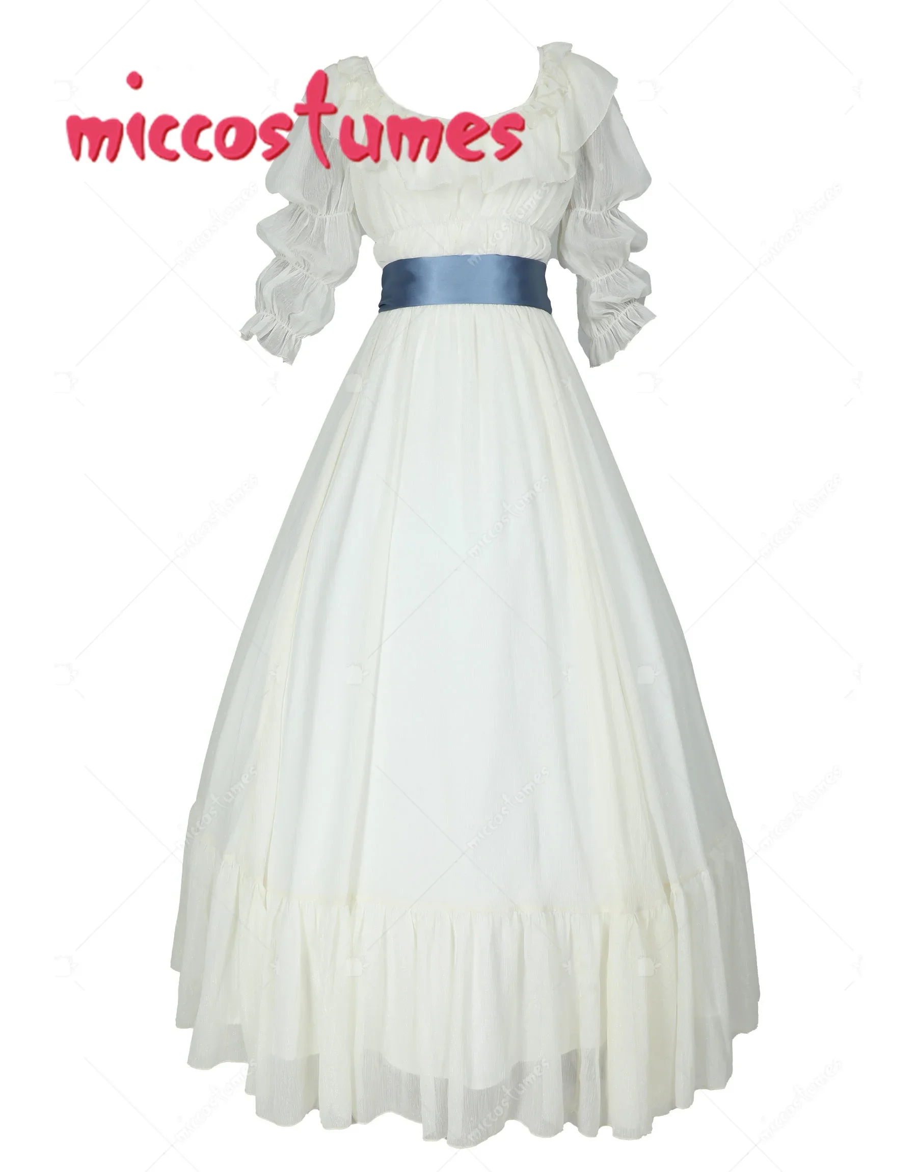 Miccostumes Women Renaissance Medieval Costume Rococo Dress White Ruffle Dress with Belt