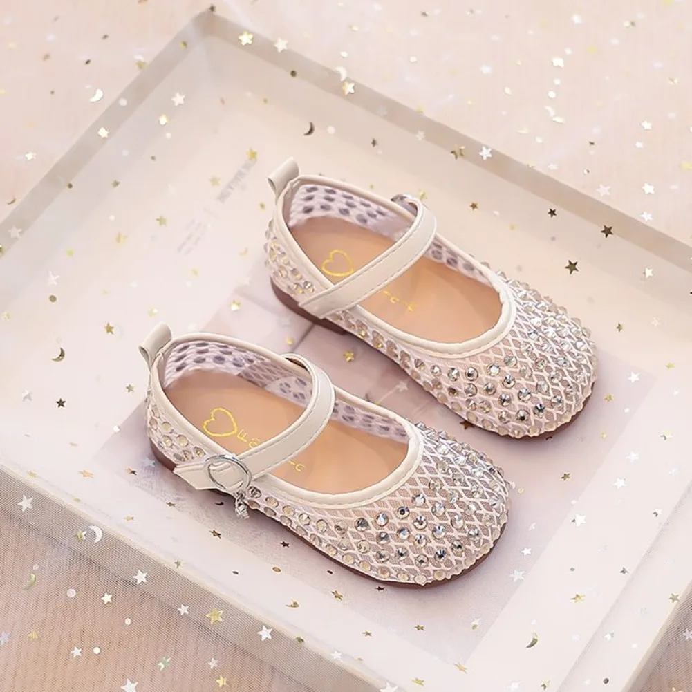 Summer Quick-Dry Mesh Kids Sandals for Girls Witn Sparkly Sequins Non-Slip Sole Cuts-outs Toddler Flats Beach Shoes Daily Wear