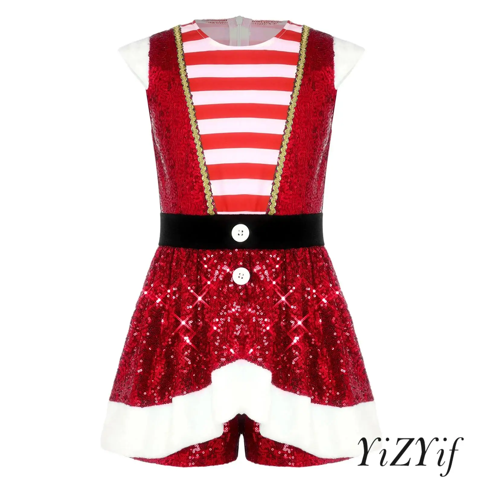 

Girls Christmas Costume Candy Cane Stripe Dress Sparkly Sequins Golden Webbing Cap Sleeve Waist Ruffled Overlay Shorts Jumpsuit