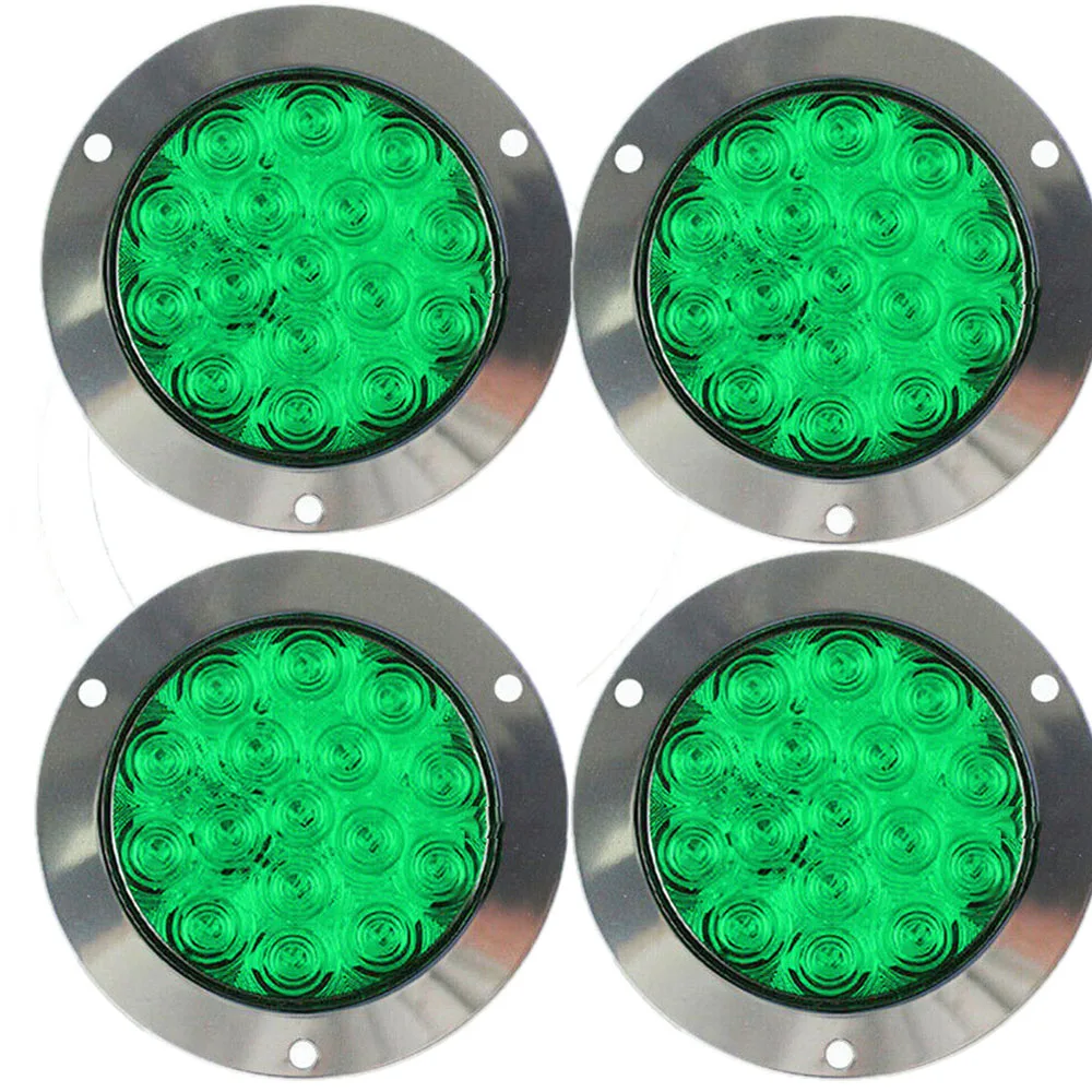 4PCS Round LED Tail Light 12-24V Green 4inch 16 LED Brake Stop Turn Signal Trailer Truck Lights