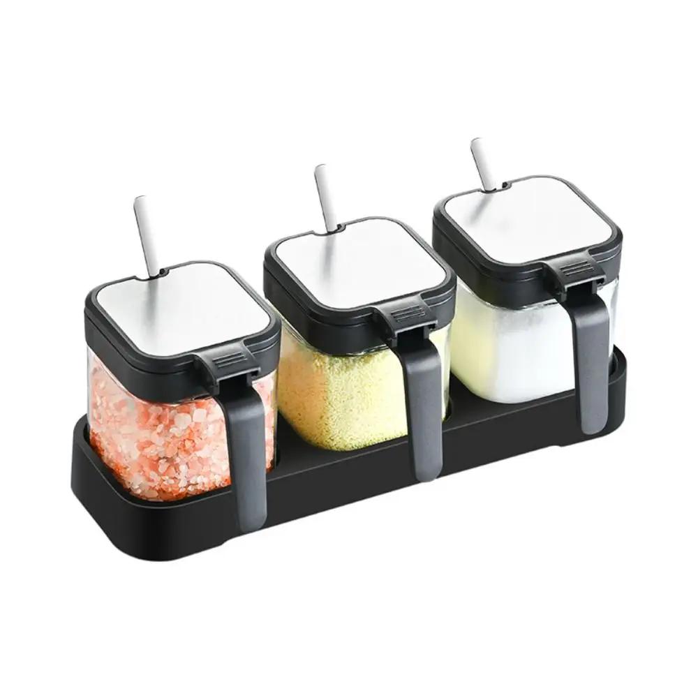 3Pcs/set Clear Glass Condiment Jar Spice Container with Lids and Spoons Storage Seasoning Box Salt Container Sugar Bowl Kitchen