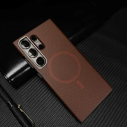 Metal Lens Carbon Fiber Texture Magnetic Case For Samsung Galaxy S24Ultra S25 Ultra Solid Color Wireless Charge Hard Cover