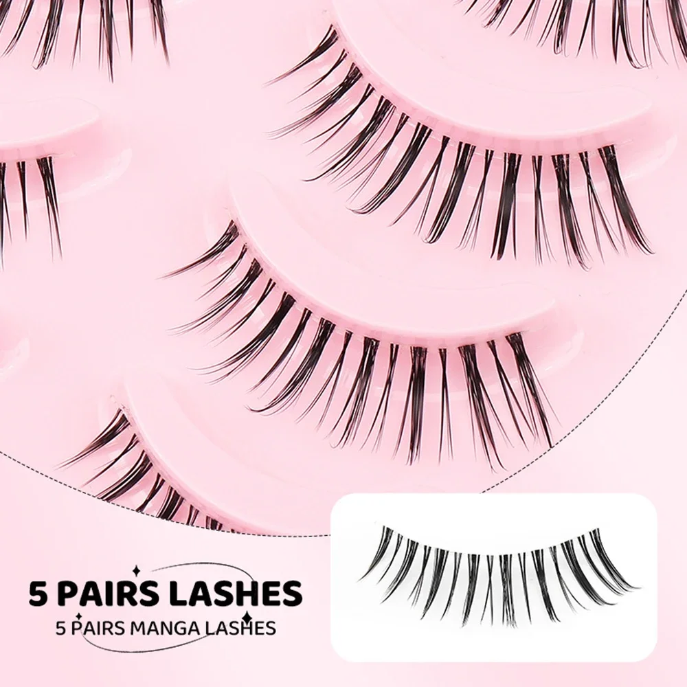 5 Pairs Whole Strip Manga Lashes Soft Natural Long False Eyelashes Transparent Stem Fake Eyelash Design DIY Extension