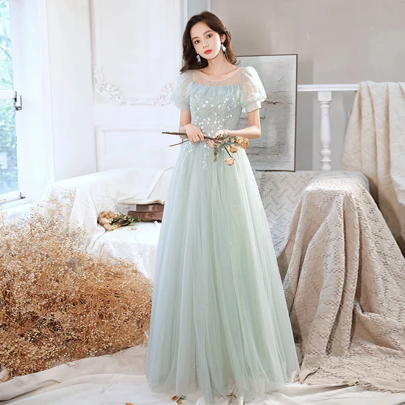 Light Green Tulle Banquet Evening Dresses Women Square Collar Puff Sleeves Appliques Host Vocal Dress Sweet Homecoming Gown