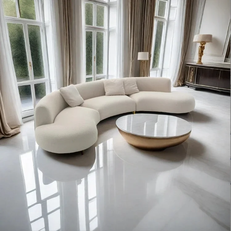Minimalist Velvet Multi-seat S-shape Abnormity Booth Beige Fabric Curved Sofa Set For Living Room Or Exhibition Hall