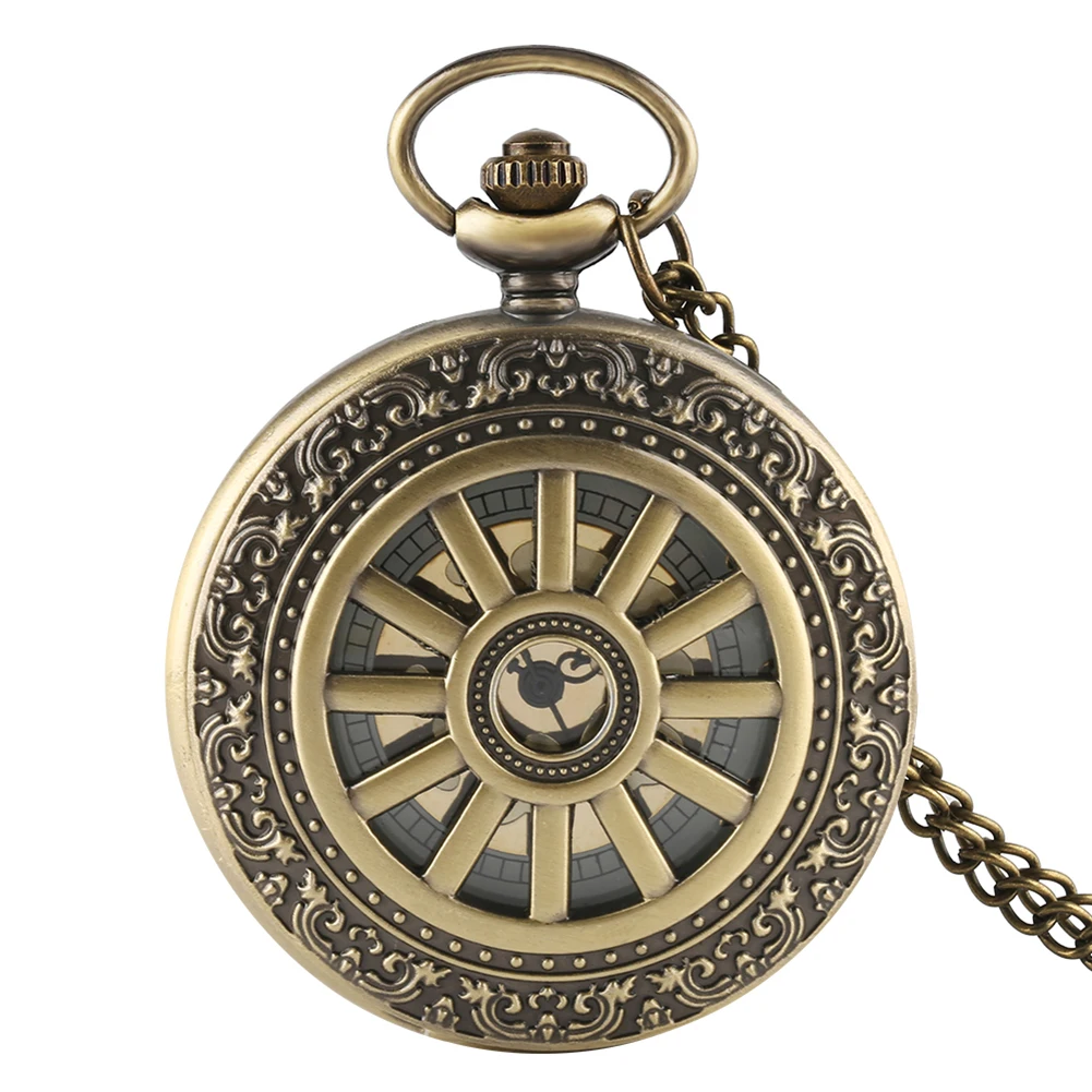 Orologio da tasca al quarzo in bronzo cavo, collana, orologio con numeri arabi, quadrante classico, orologio con ciondolo vintage, regalo per uomo e donna
