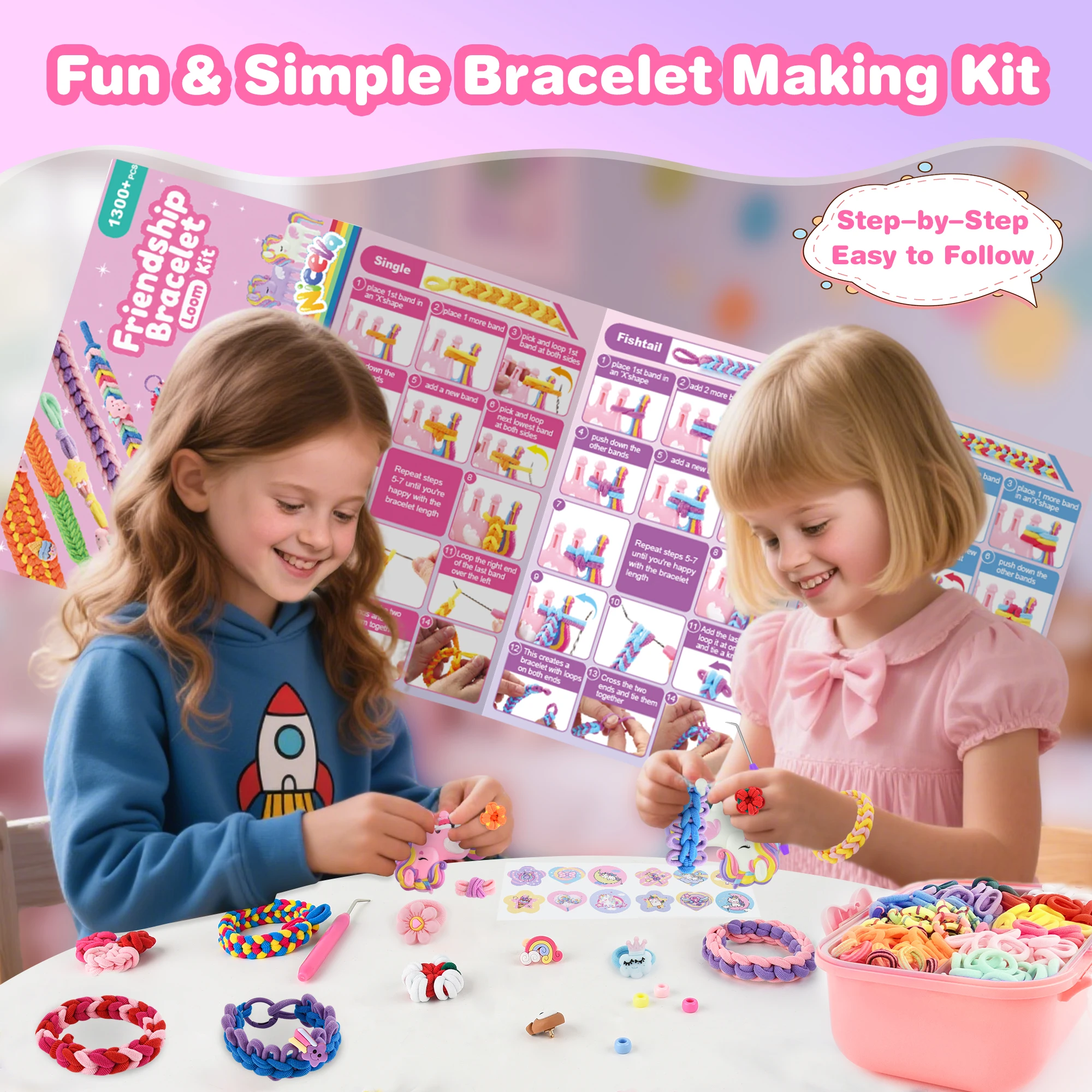 Kit de fabrication de bracelets pour filles de 8 à 1,1200 + Kit de métier à tisser d'amitié avec bande de caoutchouc pour enfants, jouets de bricolage, ensemble de bricolage créatif