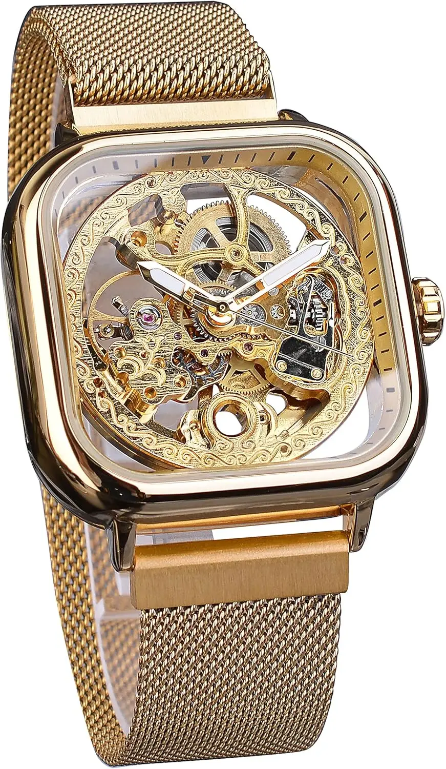 

Men's Automatic Skeleton Watch with Golden Stainless Steel Case and Transparent Dial, Royal Flower Movement Carving