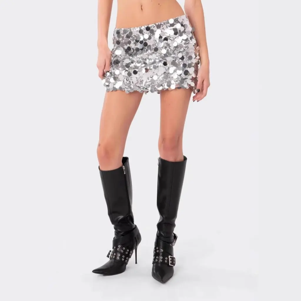 

European And American Style Mini Skirt Sexy Reflective Sequin A-Line Hip-Hugging Super Short Half-Length Skirt for Women