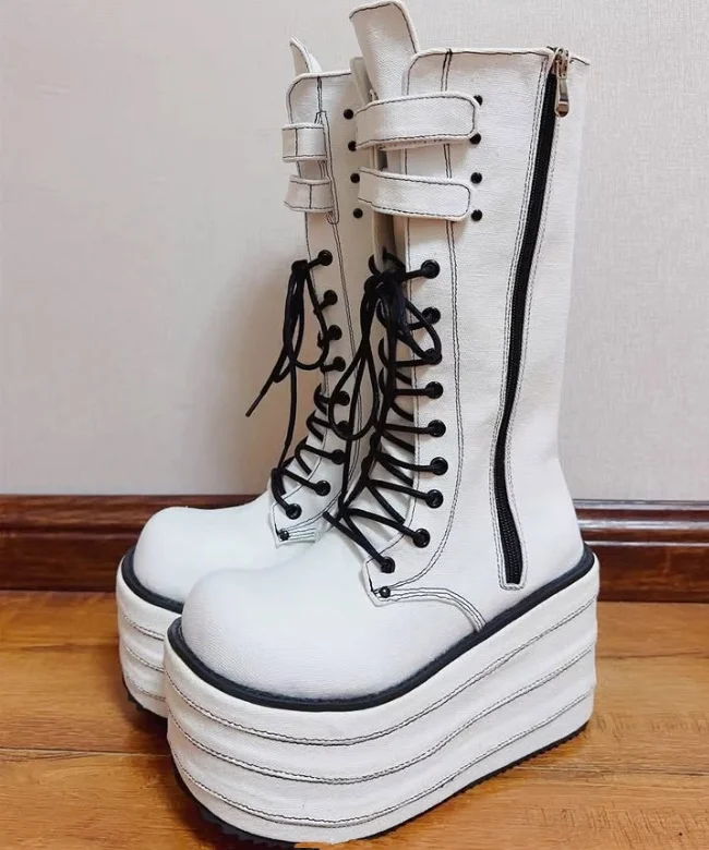 Fashion Women's Knee High Boots Round Toe Side Zip Platform Leather Thick Heel White Strap Hook & Loop Nightclub Long Boot